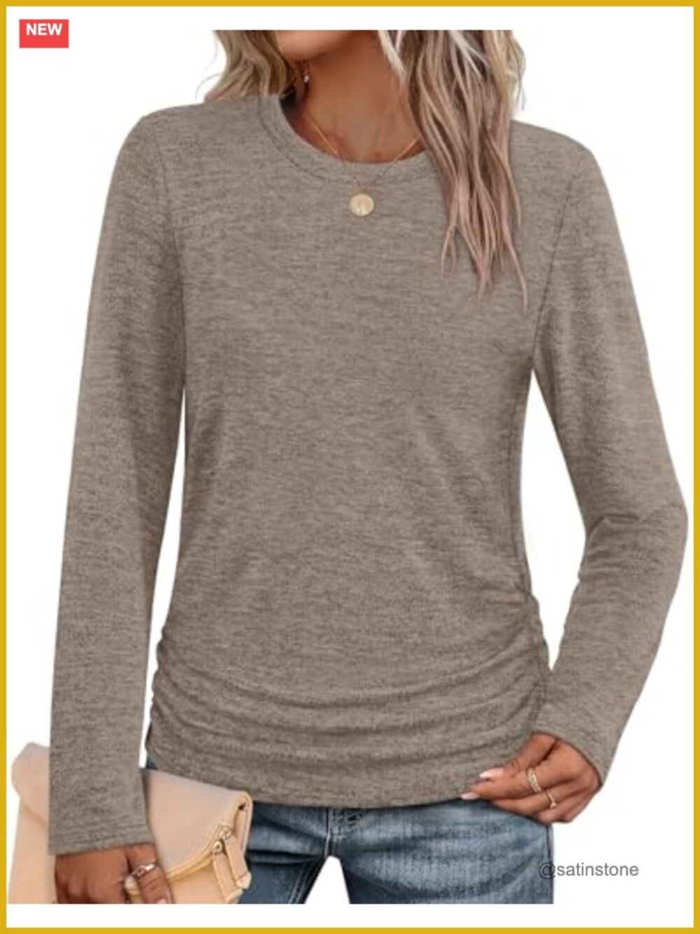 Womens Long Sleeve Ruched Tunic Sweater Crew Neck Side Shirring Fall Winter